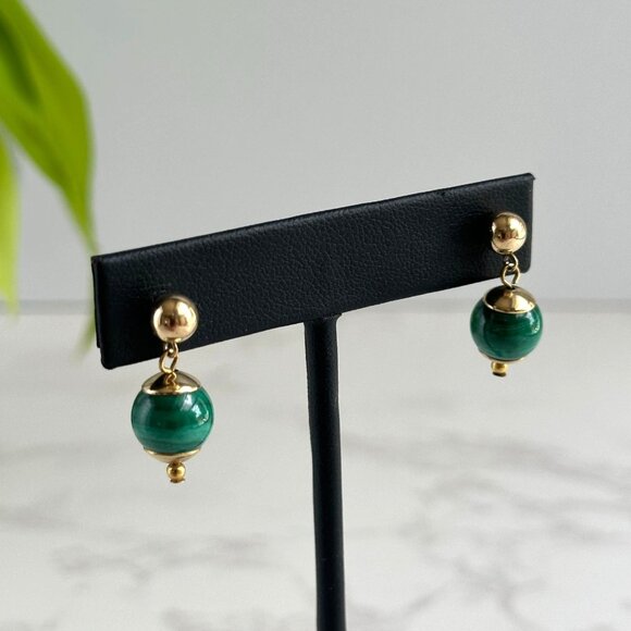 Gold Plated Green Glass Dangle Earrings 1" - Picture 4 of 5